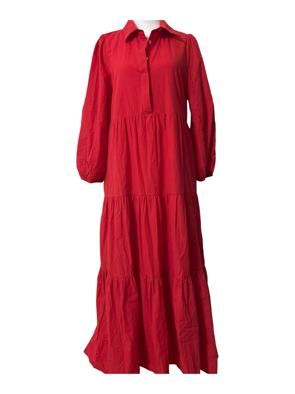 Pomander Place Vibrant Red Tiered Maxi Shirt Dress
